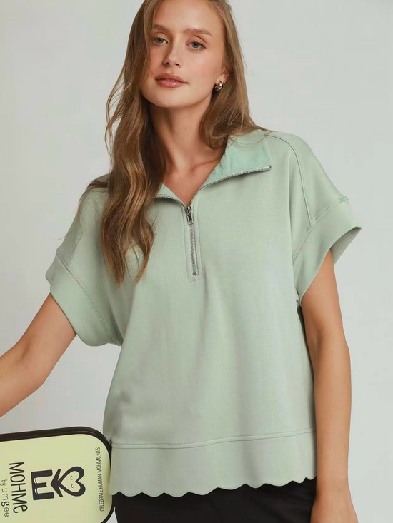 Umgee Tops - ♥️Hello Gorgeous! Umgee Half Zip Pullover with Scalloped Edge Hem- Light Mint